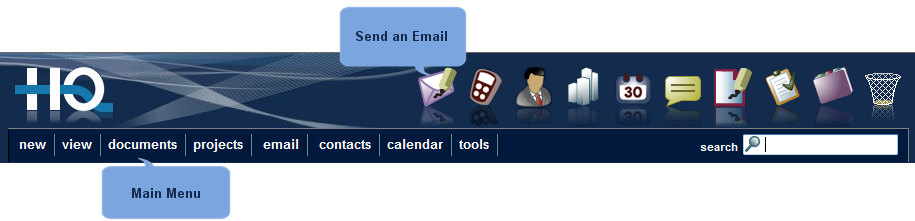Main HQ Toolbar with email button indicated